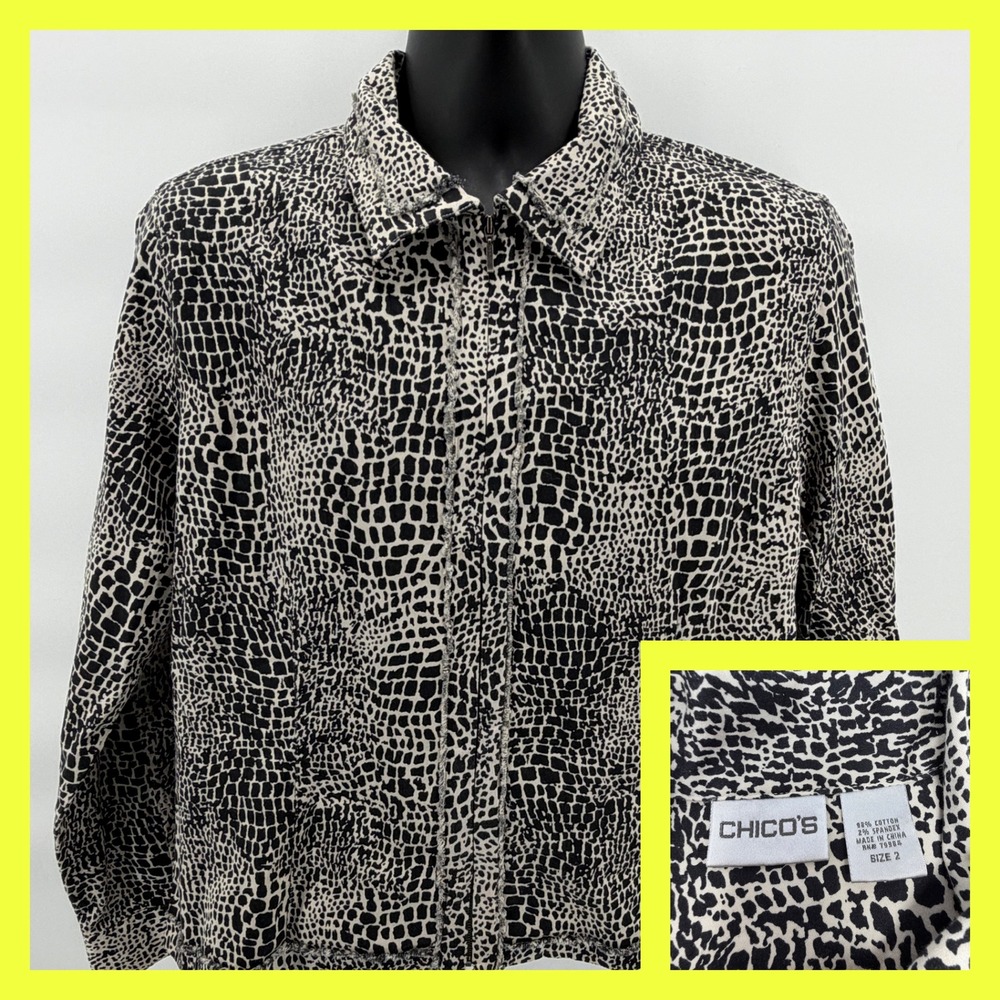 Chico's Women's Size 2 Animal Print Zip Up Jacket Black White Croc Snake Pattern